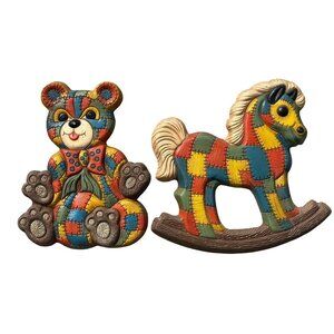 VTG Patchwork Foam Craft Nursery Rocking Horse Teddy Bear Wall Hanging MCM 70's